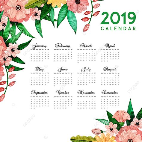 2019 Annual Calendar With Watercolor Floral Leaves Template For Free