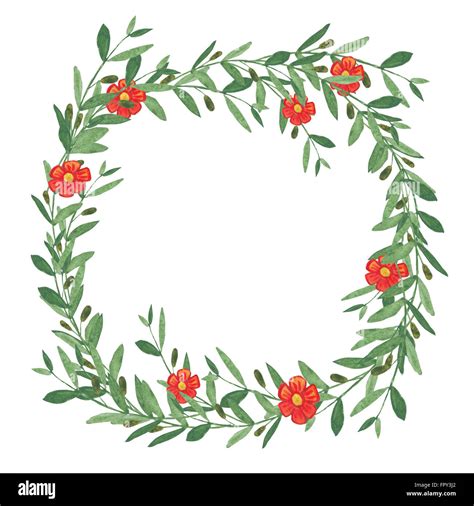 Watercolor Olive Wreath With Red Flower Isolated Illustration On White