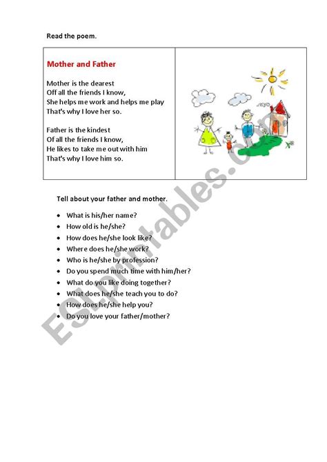 Mother And Father A Poem Esl Worksheet By Korova Daisy