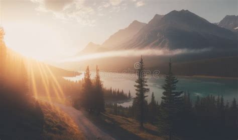 Ethereal Sunrise Over Medicine Lake Mountain As Dreamy Background