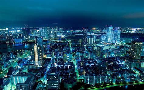 Fond Décran Japon Paysage Urbain Nuit Horizon Gratte Ciel Bleu