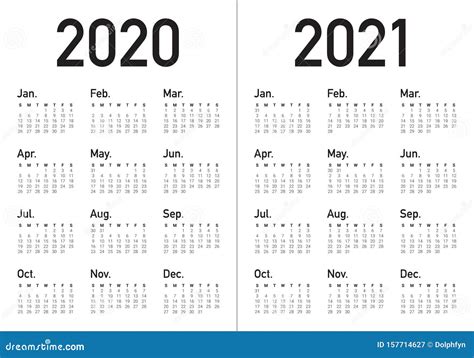 Year 2020 2021 Calendar Vector Design Template Stock Vector