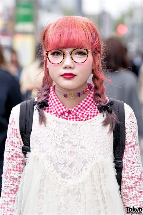 Harajuku Girl In Glasses W Pink Twin Braids Lace Top And High Top Sneakers Tokyo Fashion