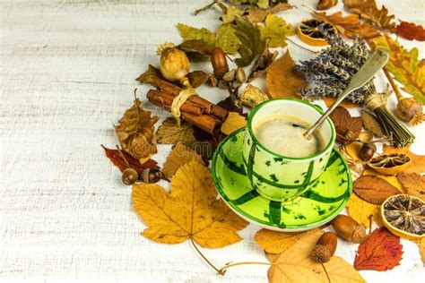 Green Cup Of Coffee And Autumn Leaves Autumn Fall Background With