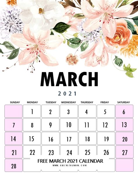 Free Printable March 2021 Calendar 12 Awesome Designs
