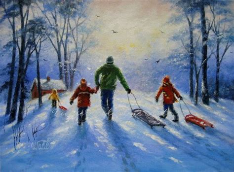 Sledding With Dad Print Three Children Snow Paintings Playing In