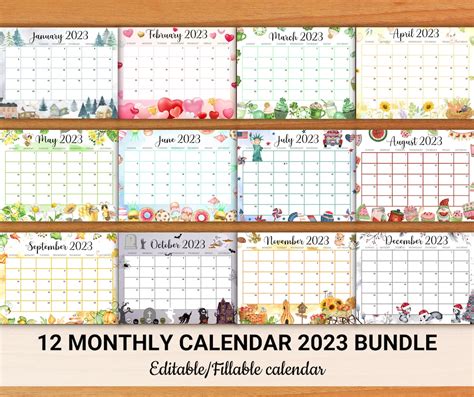 Editable Monthly Calendar 2023 Bundle Cute Printable Fillable Etsy Norway