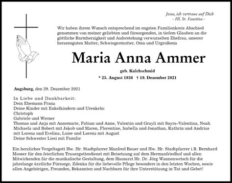 Traueranzeigen Von Maria Anna Ammer Augsburger Allgemeine Zeitung