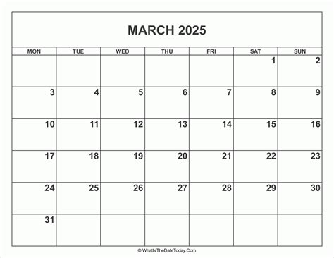 March 2025 Calendar Whatisthedatetodaycom