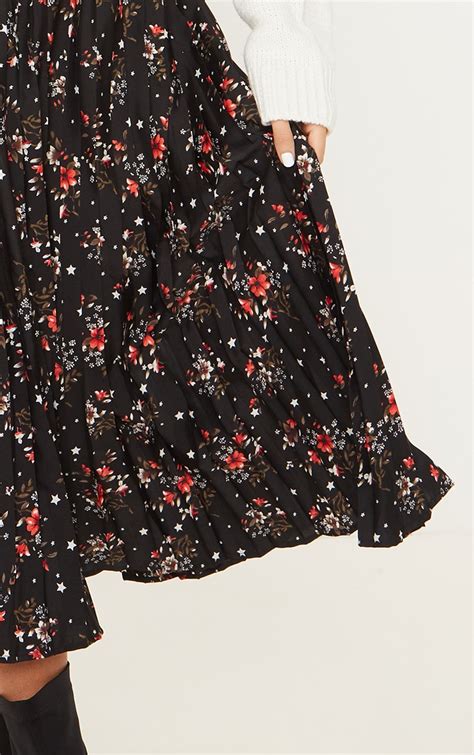 Black Floral Print Pleated Midi Skirt Prettylittlething