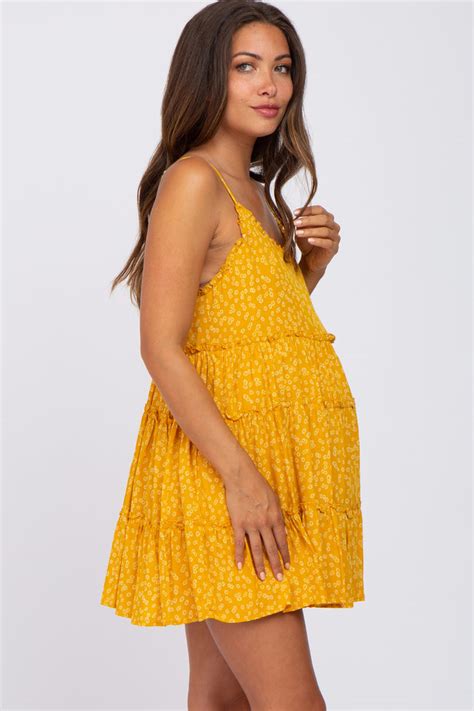 Mustard Floral Sleeveless Tiered Maternity Mini Dress Pinkblush