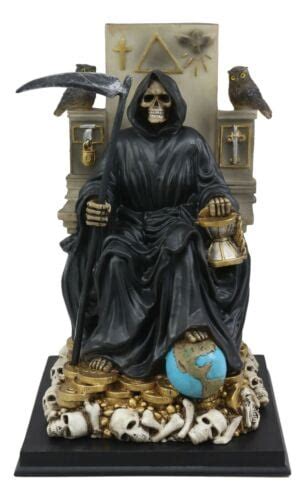 Black Santa Muerte Holding Scythe Seated On Throne Statue Our Lady Of