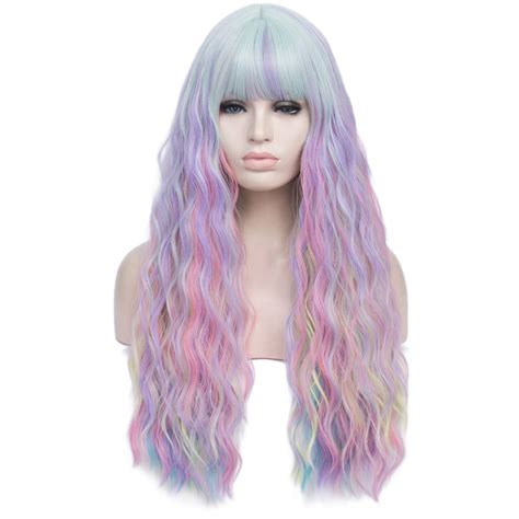 Colorful Rainbow Wigs With Bangs For Women Pastel Long Wavy Curly Colored Purple Goth Hair Wig