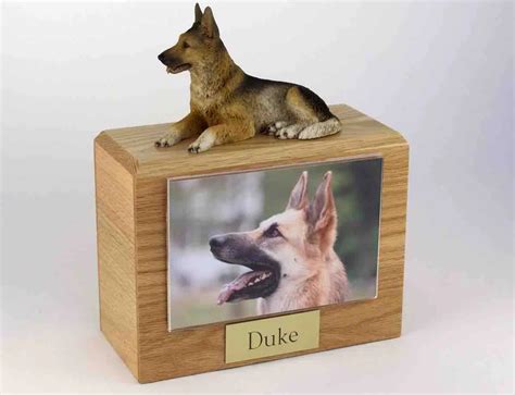 German Shepherd Dog Figurine On Hardwood Cremation Urn Wphoto Holder