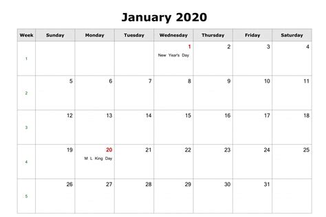 Jan 2020 Calendar Printable With Holidays Free Printable Calendar