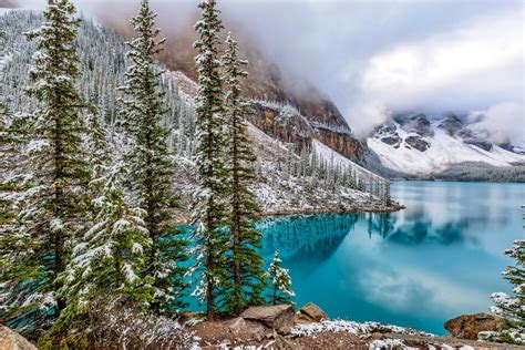 Download Turquoise Reflection Lake Mountain Snow Tree Winter Canada