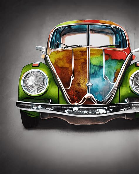 Watercolor Painting Of A 1967 Volkswagen Beetle With Paint Splashed