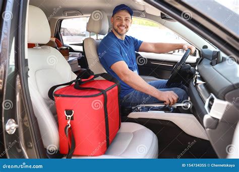 Male Courier With Thermo Bag In Car Food Delivery Stock Image Image