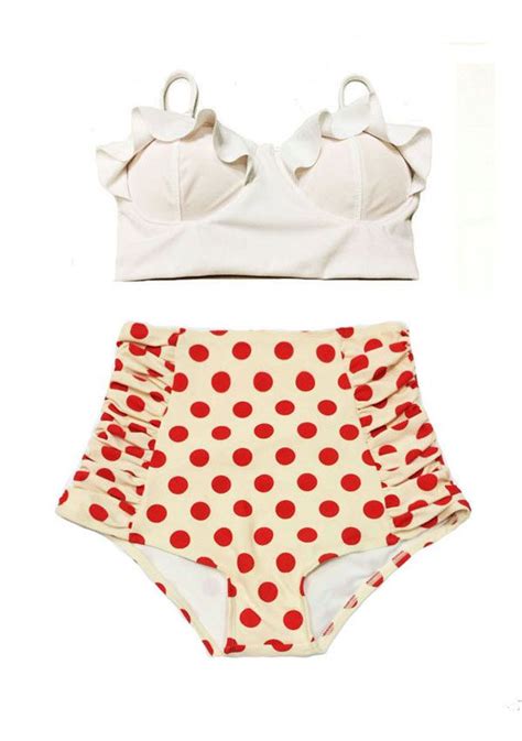 white midkini midkinis top and polka dot dots vintage retro high waisted waist bottom swimsuit