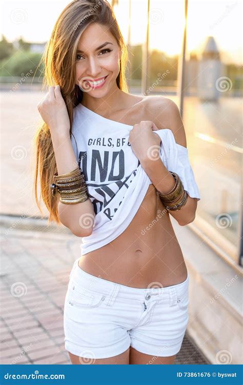 Beautiful Young Brunette Girl Posing In A City Sunny Summer Day Happy Rest Fashion Style