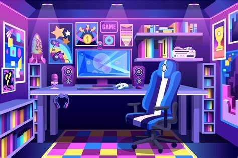 Premium Vector Detailed Gamer Room With Neon Lights