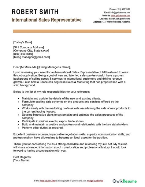 international sales representative cover letter examples qwikresume