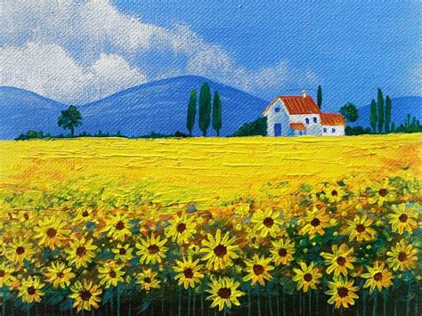 Sunflower Field Tuscany Acrylic Painting On Canvas 8x10 Inches Etsy Uk