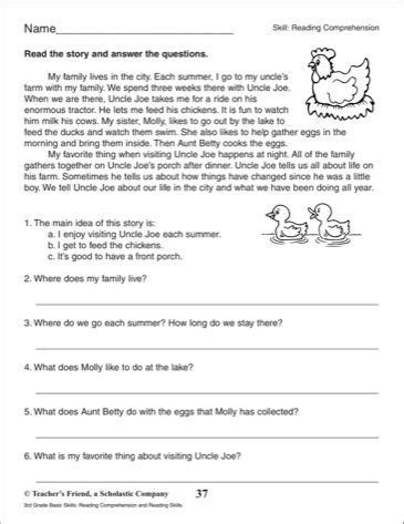 reading comprehension worksheets   graders  reading