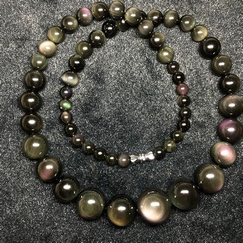 Jewelry Natural Obsidian Stone Necklace Rainbow Eye Round Beads Tower