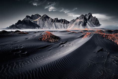 Grayscale Photo Of Desert Iceland Landscape Nature Dark Hd