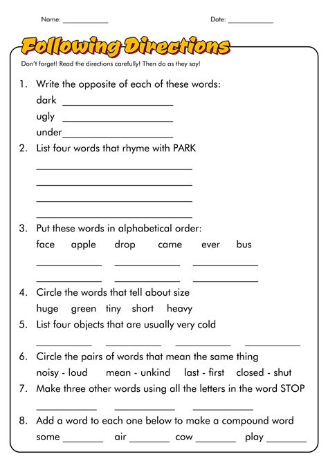 Printable Following Directions Worksheets