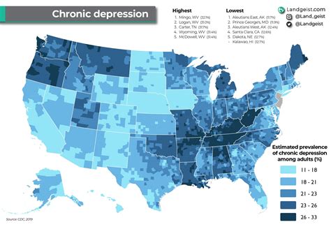 Map Of Percentage Of Adults Suffer From Chronic Depression In Us R