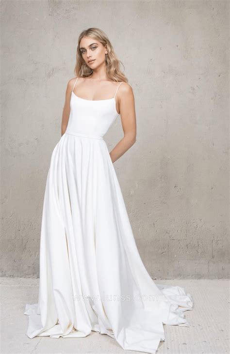 Simple Spaghetti Straps Satin Summer Beach Wedding Dress Lunss