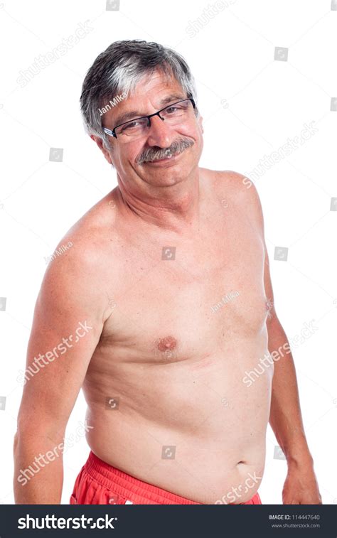Portrait Happy Shirtless Senior Man Isolated Stock Photo