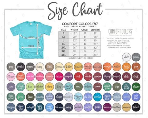 Comfort Colors 1717 Size Color Chart All 72 Colors Etsy