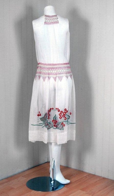 1920s Bohemian Embroidered White Cotton Floral Flapper Peasant Dress
