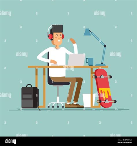 Creative Work Concept Vector Background With Young Adult Man Working On