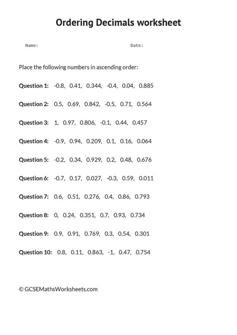 Ordering Fractions And Decimals Worksheet