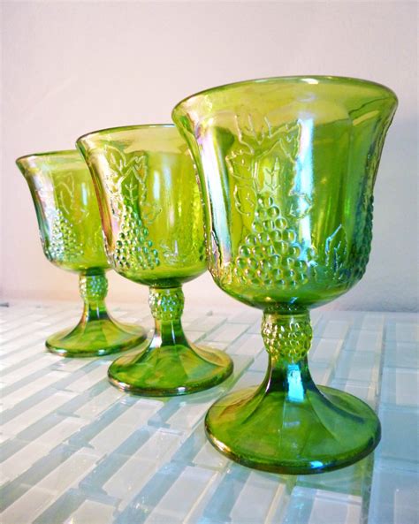 3 Vintage Green Carnival Glass Wine Goblet Indiana Glass