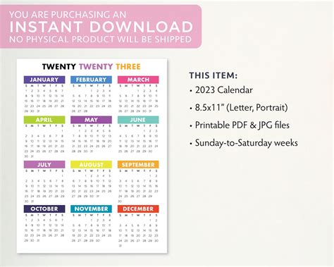 2023 Printable Calendar Year At A Glance 85x11 Letter Etsy Australia