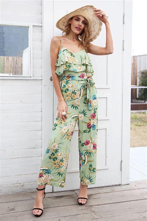 2018 Summer Jumpsuit Women Long Pants Floral Print Rompers Beach Casual