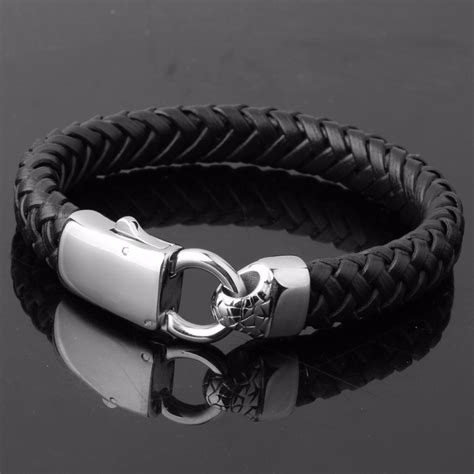 Top Quality Vintage Black Leather Mens Braided Bracelet Stainless