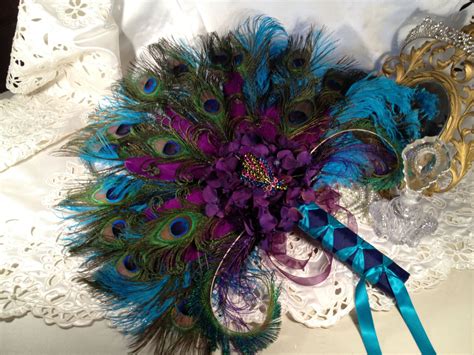 peacock feather purple and teal wedding bridal bouquet fan keepsake quinceanera 240 00
