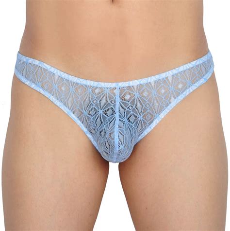 Men Jacquard Lace Bikini Brief Pouch Underwear Diamond Solid Thong