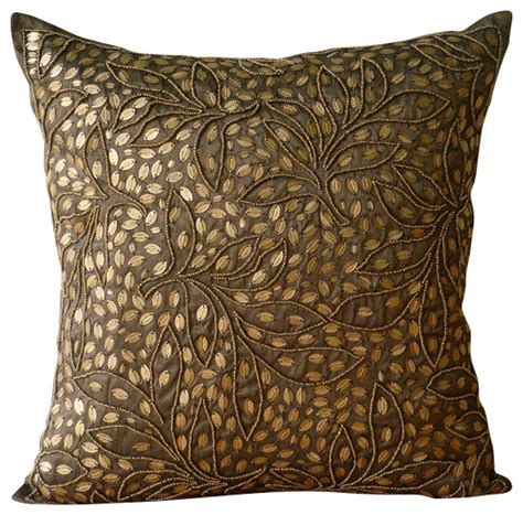 Brown Art Silk Sequins And Beaded Leaf Design Pillows Cover Gold Leaves