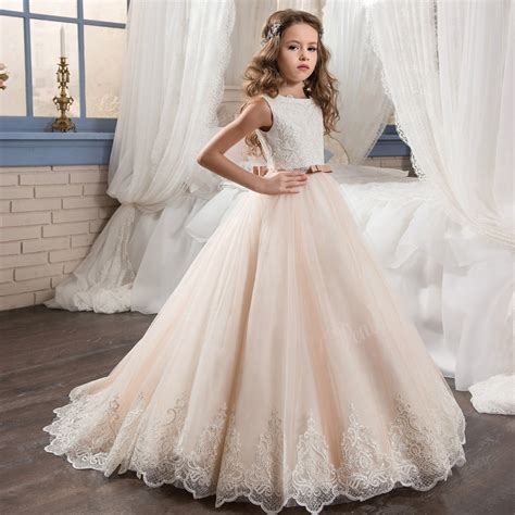 Noble Champagne Flower Girl Birthday Dress With Ribbon Bow
