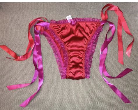 Victorias Secret Red Pink Silk Satin Ribbon Tie On String Bikini Ruffle