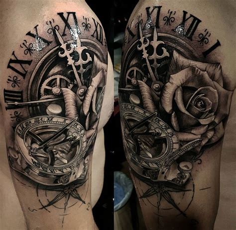 Clock Sundial Compass Rose Mens Shoulder Piece Best Tattoo Design Ideas