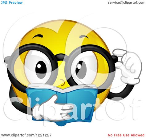 Clipart Of A Yellow Smiley Wearing Glasses And Reading A Book Royalty