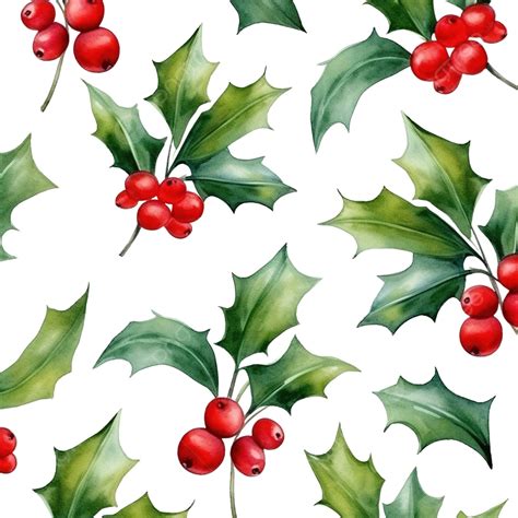 Christmas Holly Watercolor Seamless Pattern Green Leaves And Winter Red